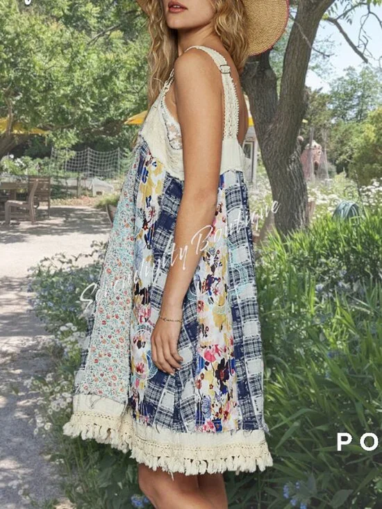 POL Overalls Style 70s Cotton Denim Boho Farm Girl Patchwork Lace Fringe Dress - Picture 6 of 10